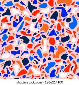 Terrazzo seamless pattern design in bright colors. Natural stone, granite, glass, quartz, concrete. Marble texture. Trend background
