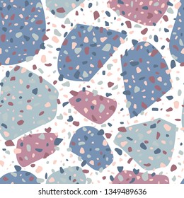 Terrazzo seamless pattern design. Marble wallpaper on white background. Natural stone, granite, quartz shapes. Modern backdrop textured. Concept trendy fabric design.