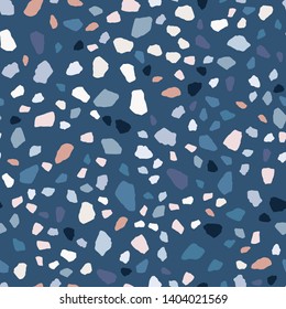 Terrazzo seamless pattern design. Marble wallpaper on blue background. Natural stone, granite, quartz shapes. Modern backdrop textured.