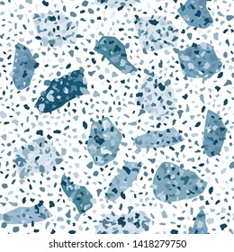 Terrazzo seamless pattern design. Modern collage. Marble wallpaper on white background. Natural stone, granite, quartz shapes. Stone backdrop textured. Vector illustration