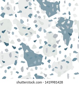 Terrazzo seamless pattern design. Monochrome natural stone, granite, quartz shapes. Rock backdrop textured. Marble wallpaper on white background. Vector illustration