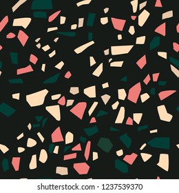 Terrazzo seamless pattern design on dark green background with orange, yellow and green pebbles/abstract geometrical seamless pattern vector EPS10 illustration