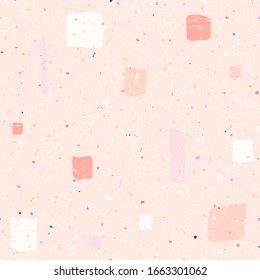 Terrazzo seamless pattern with doodle squares and old texture. Vector abstract illustration in retro style.
