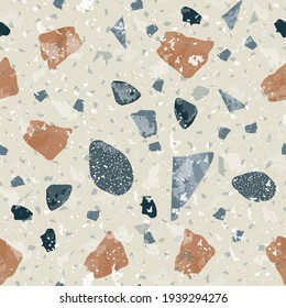 Terrazzo seamless pattern. Earthy classic flooring texture. Classic background made of natural stones, granite, quartz, marble, and concrete. Lively seamless terrazzo.