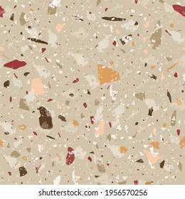 Terrazzo seamless pattern. Earthy classic flooring texture. Classic background made of natural stones, granite, quartz, marble, and concrete. Curious seamless terrazzo.