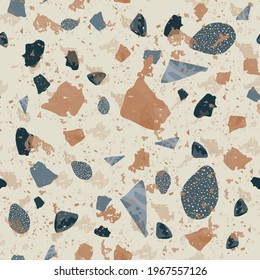 Terrazzo seamless pattern. Earthy classic flooring texture. Classic background made of natural stones, granite, quartz, marble, and concrete. Magnificent seamless terrazzo.