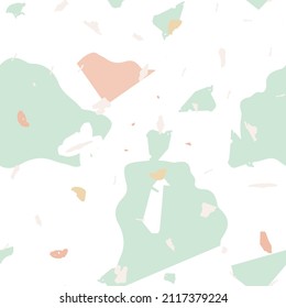 Terrazzo nahtloses Muster. Erdgeschoss mit minimalistischer Bodenfliese für die Innendekoration.  Hintergrund aus Natursteinen, Granit, Quarz, Marmor, Beton.  Terrazzo nahtloses Muster in kalten Farben. 