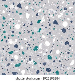 Terrazzo seamless pattern. Gentle classic flooring texture. Classic background made of natural stones, granite, quartz, marble, and concrete. Unusual seamless terrazzo.