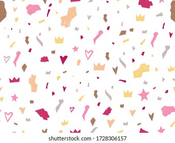 Terrazzo seamless pattern for girls. Pink marble texture, natural stone pattern with stars, hearts and crowns. Repeatable background for decorate nursery little girls.