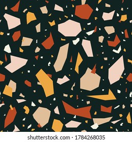 Terrazzo seamless pattern. Irregular shapes abstract backdrop. Modern chaotic mosaic pieces, granite texture for tile, textile, print. Vector illustration
