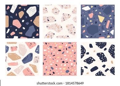 Terrazzo seamless pattern. Italian decorative stone tile with chaotic stains, granite mosaic textured shapes repeating sample vector set. Illustration surface stone, pattern tile endless