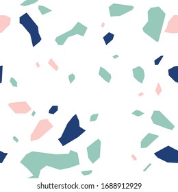Terrazzo seamless pattern of large multi-colored fragments on a white background.