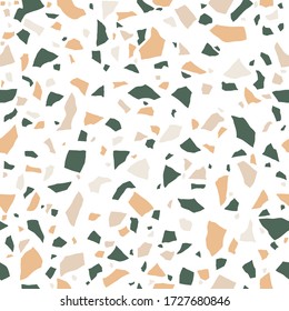 Patrón ininterrumpido de Terrazzo. Suelo de mármol, superficie de roca pulida. Fondo blanco con piedras de colores. Textura vectorial