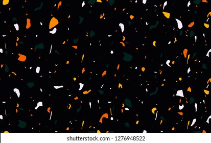 Terrazzo seamless pattern. Marble. Surface with natural stone, glass, quartz, concrete. Granite texture with dark background in vibrant colors