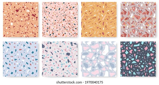 Terrazzo seamless pattern. Modern background with abstract geometric shapes. Polish granite, stone, fabric, home floor texture vector set. Italian stone mosaic or decorative tile collection