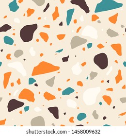 Terrazzo seamless pattern with motley stone or rock fractions. Elegant backdrop with mineral crumbs scattered on light background. Decorative vector illustration for textile print, floor tiling.
