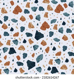 Terrazzo nahtloses Muster. Orangefarbene Bodenstruktur. Atemberaubender Hintergrund aus Natursteinen, Granit, Quarz, Marmor und Beton. Bemerkenswerter nahtloser Terrazzo