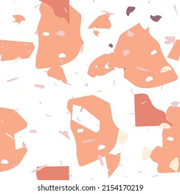 Terrazzo seamless pattern. Orange realistic marble texture with stones. Background made of natural stones, granite, quartz, marble, concrete.  Terrazzo  seamless pattern in cool colors. 
