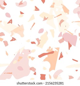 Terrazzo nahtloses Muster. Orangefarbene, realistische Marmorstruktur mit Steinen. Hintergrund aus Natursteinen, Granit, Quarz, Marmor, Beton.  Terrazzo nahtloses Muster in kalten Farben. 