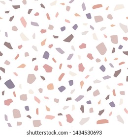 Terrazzo seamless pattern. Pastel colors on white background. Modern vector illustration for backdrop, wrapping paper, wallpaper, fabric, textile and more.