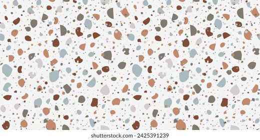 Terrazzo seamless pattern in pastel neutral colors. Random colorful small rocks on beige background. Realistic texture of classic italian flooring. Trendy design for print, fabric, textile, packaging
