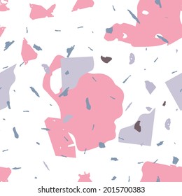 Patrón ininterrumpido de Terrazzo. Textura de suelo veneciano rosa. Fondo de piedra natural, granito, cuarzo, mármol, hormigón.  El terrazo es un patrón impecable en colores fríos. 