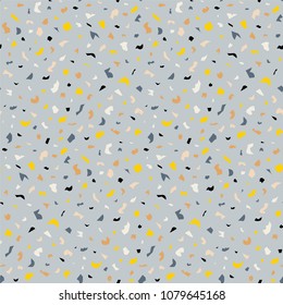 Terrazzo seamless pattern. Print in Classic italian type of floor style .  Vector abstract background with chaotic stains. Blue and yellow color.