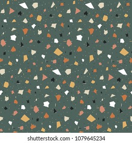 Terrazzo seamless pattern. Print in Classic italian type of floor style .  Vector abstract background with chaotic stains. Green, yellow, orange, black andd white colors.