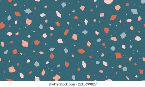 Terrazzo seamless pattern. Repeating floor texture. Green mosaic background. Trendy surface and textile design. Vector