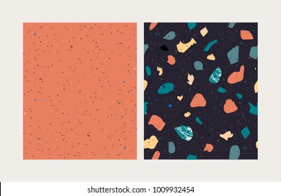 Terrazzo seamless pattern set. Earthy and Vibrant colors. Textured shapes