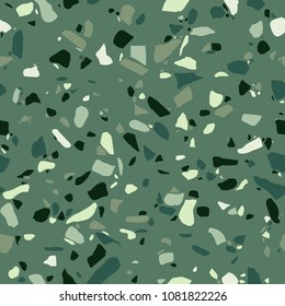 Terrazzo seamless pattern. Surface texture of decorative granite mosaic.  Green marble tiles. Stone floor texture. Vector illustration