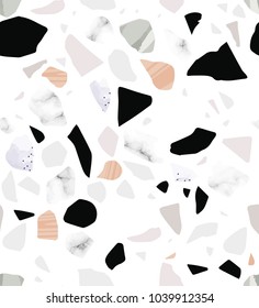Terrazzo seamless pattern. Textured shapes. Pastel colors. Marbl