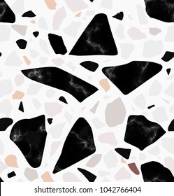 Terrazzo seamless pattern. Textured shapes. Pastel colors and bl