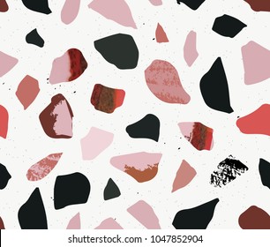 Terrazzo seamless pattern. Textured shapes. Pastel colors and bl