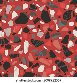 Terrazzo seamless pattern. Tile with pebbles and stone. Abstract texture background for wrapping paper, wallpaper, terrazzo flooring black and red colors. Vector