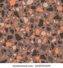 Terrazzo seamless pattern. Tile with pebbles and stone. Abstract texture brown orange background, terrazzo flooring. Vector