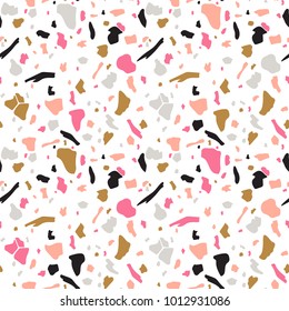 Terrazzo seamless pattern. Vector abstract background with chaotic stains. Collage design in gold, black and magenta colors.