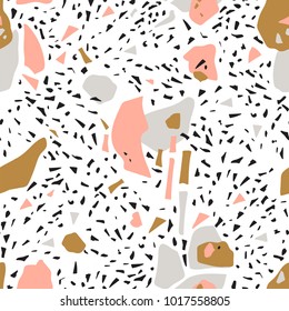 Terrazzo seamless pattern. Vector abstract background with chaotic stains. Collage design for fabric or wallpaper. 