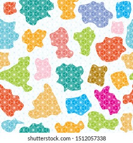 Terrazzo seamless pattern. Vector abstract background with chaotic stains. Collage design. Light blue background. Japanese style. Colorful patches.