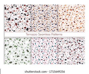 Terrazzo seamless pattern vector illustration set. Marble mosaic stone texture for floor or wall, classic flooring design in Venetian style made of concrete, quartz, glass material abstract background