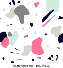 Terrazzo seamless pattern. Vector texture with pebbles and stone for wrapping paper, wallpaper,textile. Abstract mosaic collage design with colorful ceramic tile fragments. Broken glass