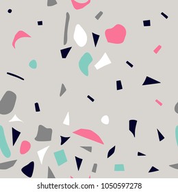 Terrazzo seamless pattern. Vector texture with pebbles and stone for wrapping paper, wallpaper,textile. Abstract mosaic collage design with colorful ceramic tile fragments. Broken glass