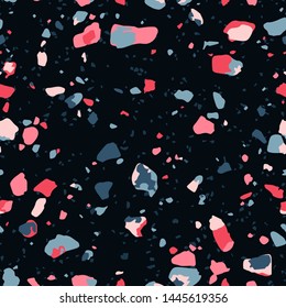 Terrazzo seamless pattern. Vector texture of mosaic floor with colorful recycled glass splinters, plastic, stone fragments, chips of marble, granite, quartz. Multicolor particles on black background