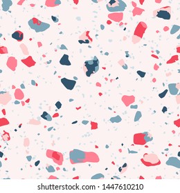 Terrazzo seamless pattern. Vector texture of mosaic floor with colorful recycled glass splinters, plastic, stone fragments, chips of marble, granite, quartz. Multicolor particles on white background