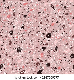 Terrazzo seamless pattern vector texture in pink colors. Realistic italian marble texture or granite flooring. Terrazzo seamless pattern for interior decoration and interior design.