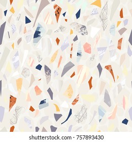 Terrazzo seamless pattern. Vibrant colors. Textured shapes. Confetti. Colorful hand drawn design. 