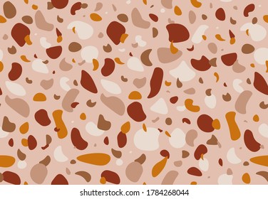 Terrazzo seamless pattern in warm colors. Texture of classic italian type of floor in Venetian style composed of natural stone, granite, quartz, marble, glass and concrete. Vector illustration