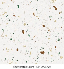Terrazzo seamless patterns. Classic Italian marble. Vector abstract background. Beige, red and green. Small pieces.