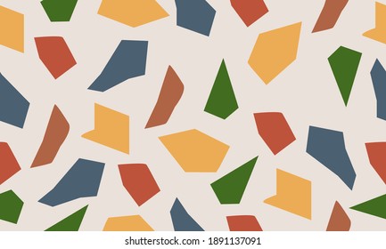 Terrazzo seamless patterns with colorful rock fragments. Set of backdrops with stone pieces or sprinkles. Bundle of rock textures. Vector illustration for wrapping paper, textile print.