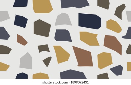 Terrazzo seamless patterns with colorful rock fragments. Set of backdrops with stone pieces or sprinkles. Bundle of rock textures. Vector illustration for wrapping paper, textile print.